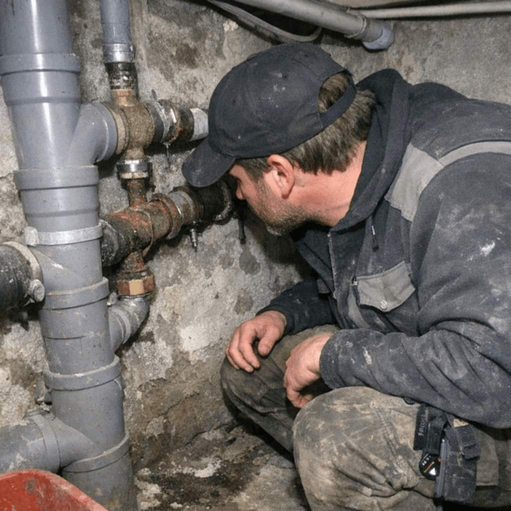 Techniker bei der genauen Analyse der Leitungen im Keller